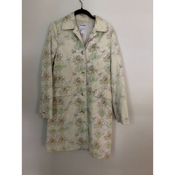 VTG Old Navy Y2K Women's Trench Top Coat SZ M Green Floral Cotton Light Weight - Picture 1 of 12